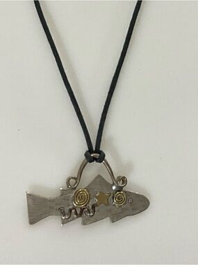 Handmade Mixed Metal Fish Pendant Dimensional Necklace with Black Cord